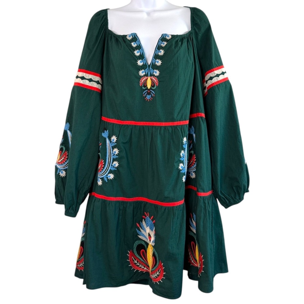 Anthropologie Green Embroidered Mini Dress with Red & Blue Accents
